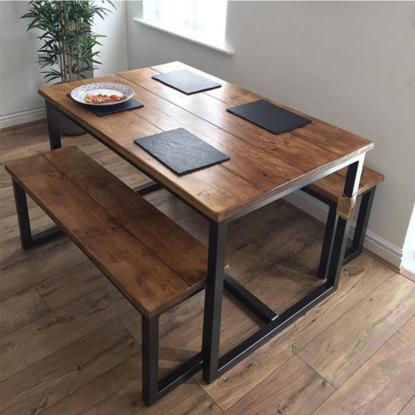 Steel dining table with 2 benches - black brown - Dining table-1